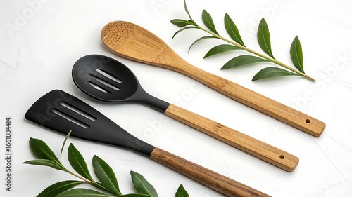 Set of wooden and silicone kitchen utensils with greenery
