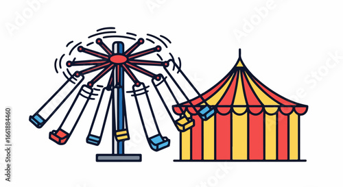 Colorful Carnival Ride and Circus Tent Illustration.