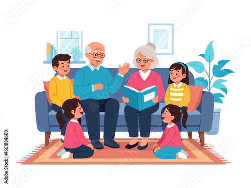 Cozy Storytime: Grandparents share a book and engage their grandchildren in a vibrant living room setting.