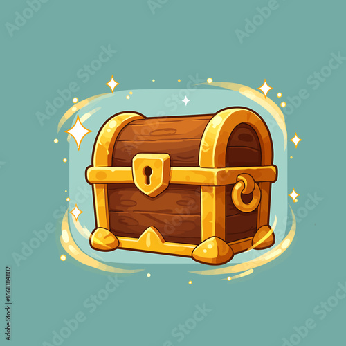 Colorful treasure chest with golden accents, sparkling effects, set against a light blue background