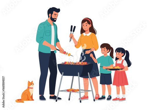 Family Barbecue Fun: A vibrant family scene unfolds during a barbecue, with a man grilling skewers, a woman attending the food, two daughters serving plates, and a cat sitting on the side.