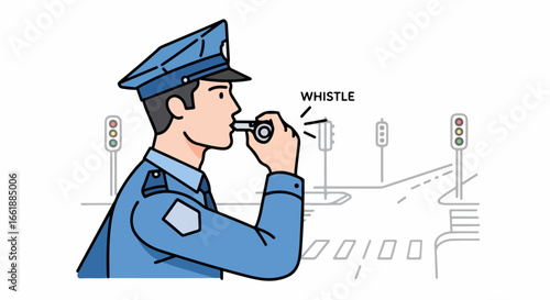 Police officer blowing a whistle to direct traffic on a street with traffic lights.