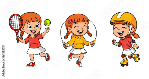 Three cartoon girls in sportswear smiling while playing tennis, jump rope, and roller skate