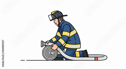 Professional firefighter in blue uniform and helmet, kneeling to roll up a white fire hose, vector illustration.