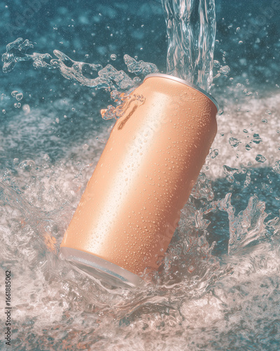 A beige aluminum soda can standing under a stream of water. Refreshing drinks.