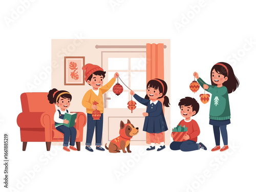 Family Gathering with Lanterns: a group of children and a dog gather at home, decorating for an auspicious occasion or celebrating the festive season.