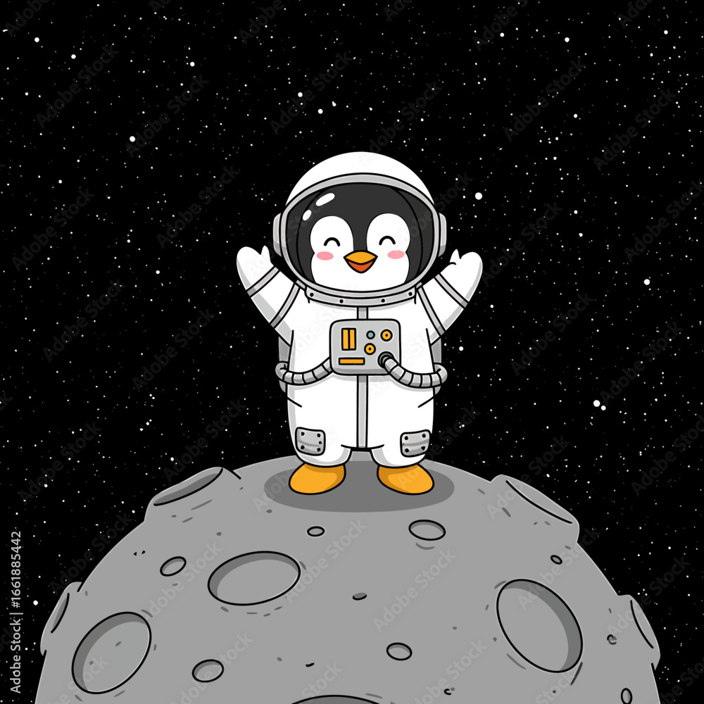 Naklejka premium Cute cartoon penguin astronaut joyfully standing on a moon's surface, surrounded by stars and space