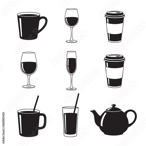 Assortment of drinkware icons including coffee mugs wine glasses champagne flutes and takeaway cups on white