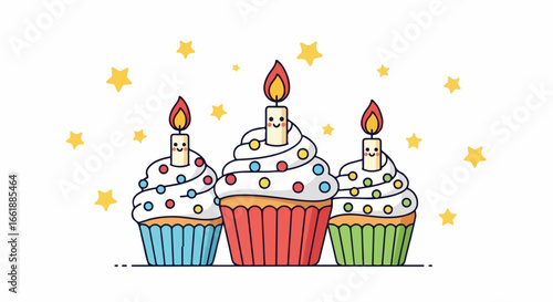 Quadro em tela Three festive cupcakes with lit candles and colorful sprinkles.