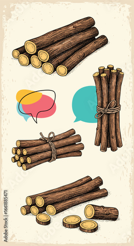 A collection of natural licorice root bundles and slices for herbal remedies and traditional uses