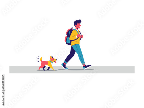 Walking Buddy: A young man and his enthusiastic dog strolling together, side-by-side, showcasing a simple, joyful bond in a minimalist, stylish illustration.