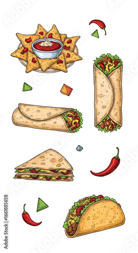 A delicious assortment of freshly made mexican cuisine featuring tacos burritos and nachos served with a side of spicy peppers