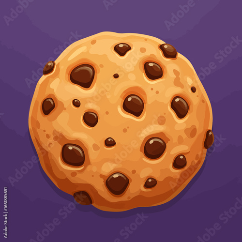 Delicious chocolate chip cookie on a vibrant purple background, perfect for dessert-themed designs