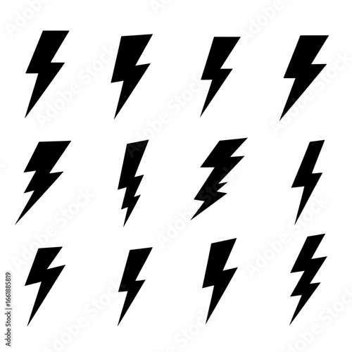 Lightning bolt vector icon set, black lightning icon designs on white background.