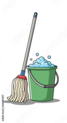 Essential household cleaning tools a mop and a bucket filled with sudsy water for effective floor maintenance and tidiness