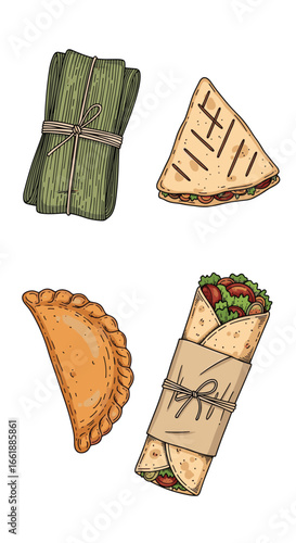 An artistic rendition of diverse savory handheld foods showcasing global culinary delights