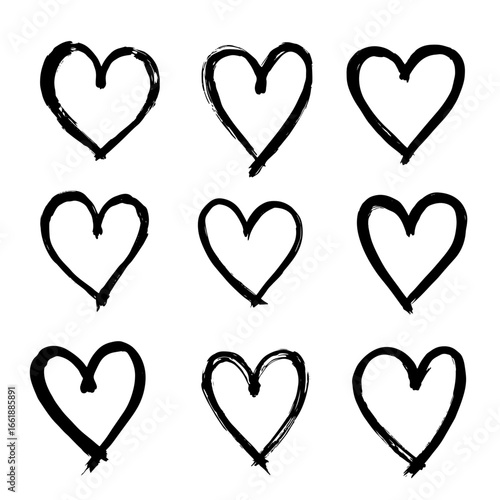 black and white vector illustration of a set of romantic heart designs, including solid, outlined, and scribbled hearts on a white background