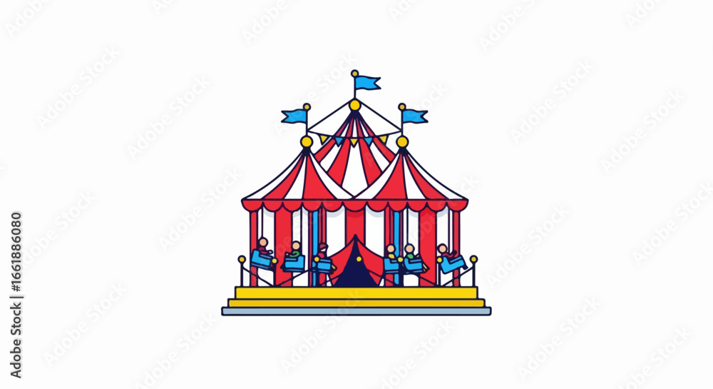 Fototapeta premium Colorful striped circus tent with flags and seating.