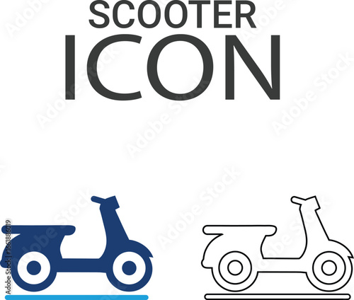 Scooter icons, Line art icons design. Containing car, bike, plane, train, bicycle, motorbike, bus, and scooter icons. Solid icon collection.