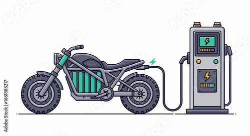Electric Motorcycle Charging at Station, Modern Design, Sustainable Transportation.