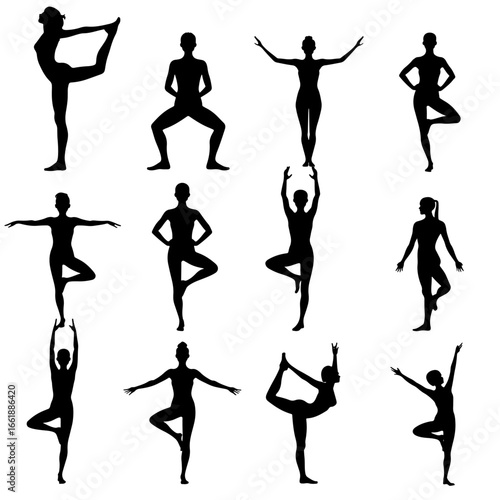Set of 9 icon silhouette Black separate people do fitness silhouette isolated vector on white background. 

