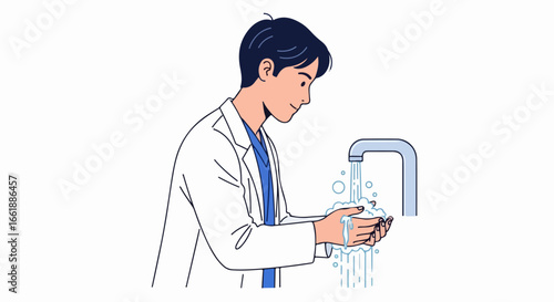 Man in Lab Coat Washing Hands at Faucet.