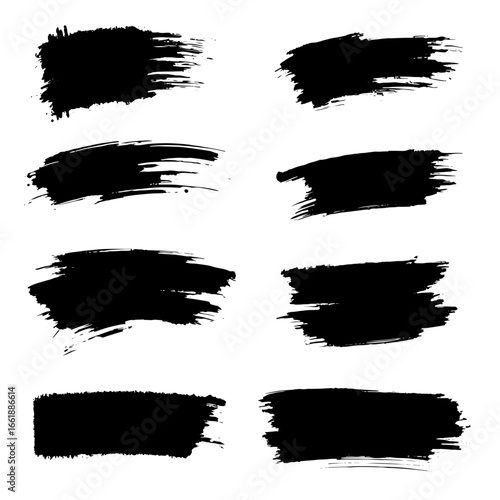 A collection of modern grungy paint brush strokes is presented, featuring calligraphy with straight smears, stamp, and lines, all hand drawn in ink and isolated on a white background with modern