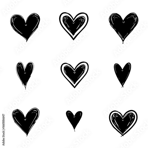 Artistic black hearts show love and romance, hand-drawn vector graphics with unique styles on a white background for Valentine's Day, silhouette