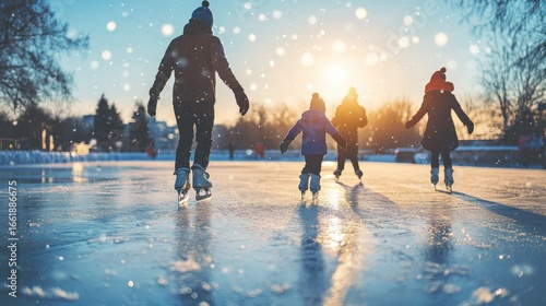 Family enjoying winter ice skating outdoors.