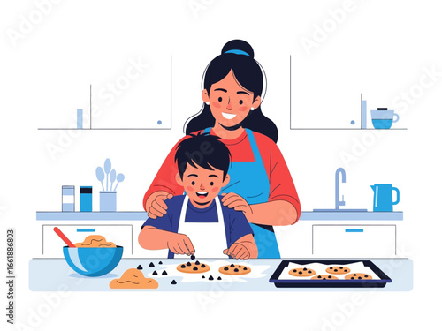 Sweet Kitchen Moment: Capturing a heartwarming scene of a mother and child bonding in the kitchen, the image is perfect for illustrating culinary joy, family time.