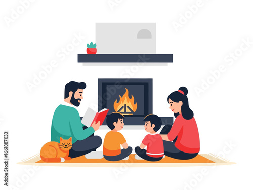 Family Cozying up by the Fireplace: A family, warmed by a crackling fire, shares a moment of storytime on a rug in the living room.  This illustration captures the warm simplicity of family life.