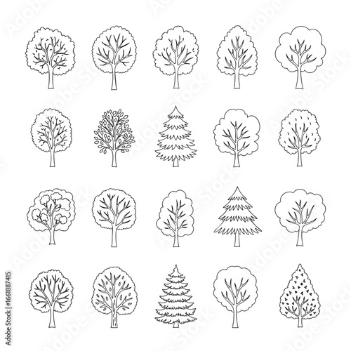 Collection of black outline illustrations of various trees including deciduous and coniferous species on a white background Keywords: trees, tree, forest, nature, plant