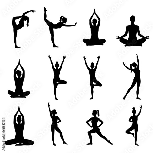 Set of 9 icon silhouette Black separate people do fitness silhouette isolated vector on white background. 
