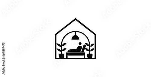 Cozy home interior with a person relaxing on sofa logotype vector logo art design