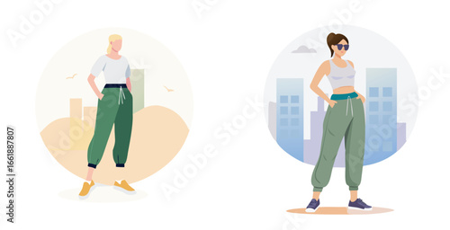 Loose fit pants worn by model Vector logotype design illustration