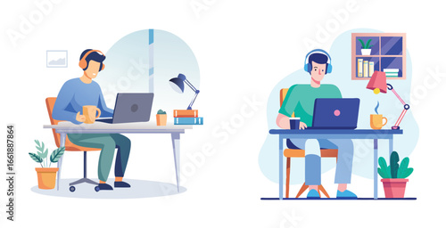 Modern freelancer working at a clean desk with laptop logotype vector logo design