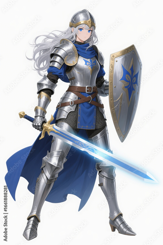 Fototapeta premium Valiant Silver Knight Woman with Glowing Sword and Shield