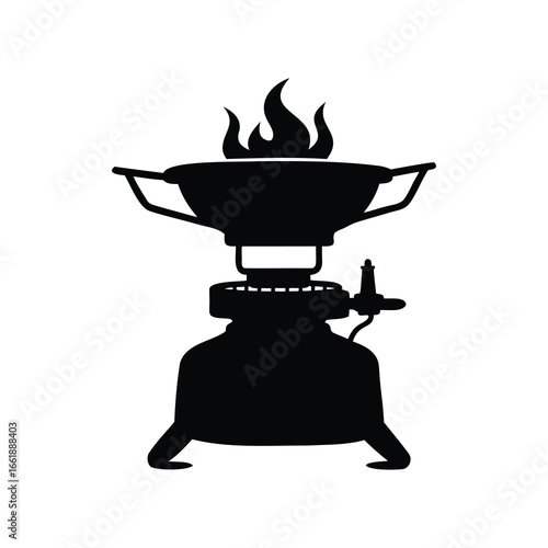 Silhouette illustration of a vintage camping stove with flame and fuel tank, camping stove silhouette vector illustration