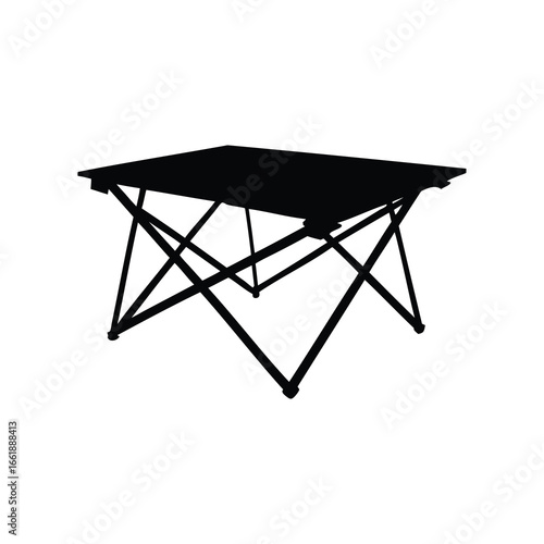 Monochrome image of a camping table showing the frame and table top, camping table silhouette vector illustration