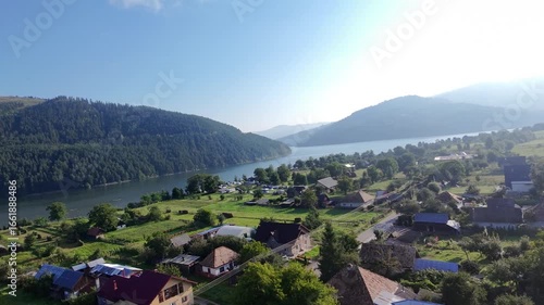 Aerial Drone Footage of Mountain Meadow and Bicaz Lake – Scenic Panorama