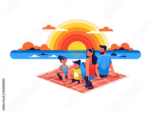 A Family Day at the Beach: A vibrant illustration depicts a family enjoying a serene day at the beach, complete with a radiant sunset, ocean and good vibes.