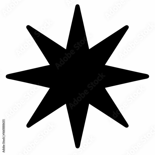 Geometric eight pointed star shape with rounded tips in stark black color