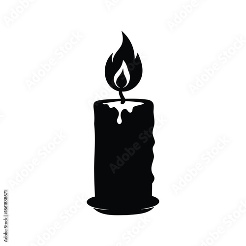 A black silhouette image of a burning candle with dripping wax design, candle flame icon silhouette vector illustration