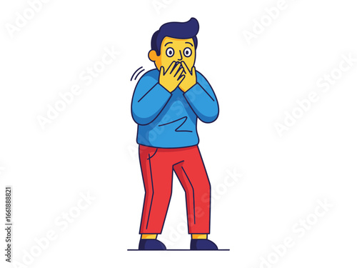 Shocked Expression: A vector illustration of a person is expressing of utter shock, his hands covering the mouth, with wide eyes conveying surprise and disbelief.
