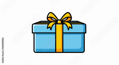 A simple cartoon illustration of a light blue gift box with a yellow ribbon and bow.