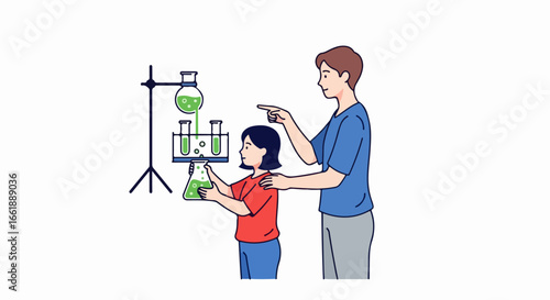 Child and adult conducting a science experiment with beakers and green liquid.