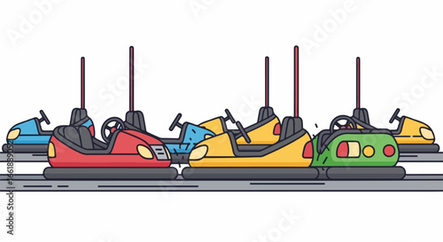 Colorful Bumper Cars Lined Up on a Track, Ready for Fun and Entertainment.