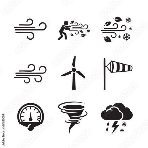 Collection of Weather Icons Representing Wind Force and Storms symbol forecast