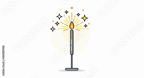 A lit sparkler with glowing embers and sparkling stars.