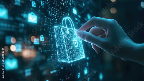 Hand touching a digital shopping bag on a dark background